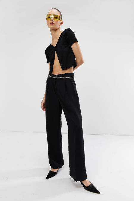 Nour Mid Rise Wide Leg Trousers in Black | Oh Polly