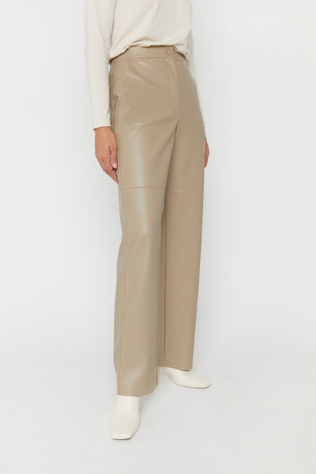 Vegan Leather Paperbag Belted High-Waisted Cognac Brown Pants