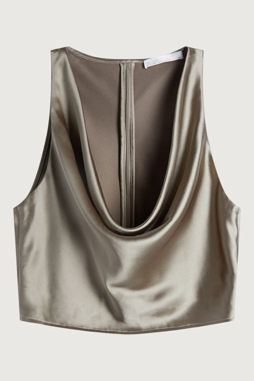 XFLWAM Women's Satin Silk Draped Cowl Neck Ruched Top Long Sleeve