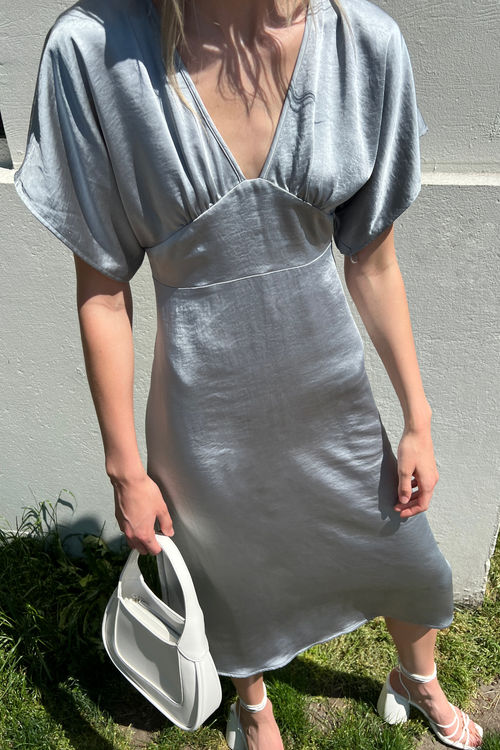 Seersucker One-Shoulder Puff-Sleeve Midi Dress