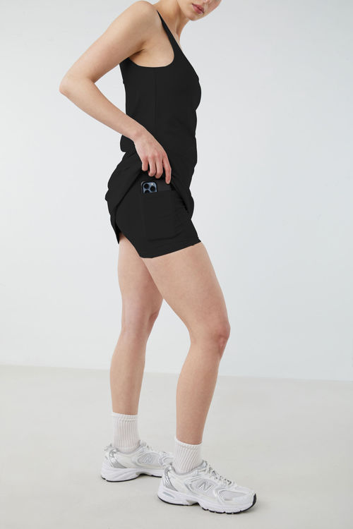  Womans Square Neck Tank Top Dress Tummy Control High Waist  Flared Tennis Dress Black Small