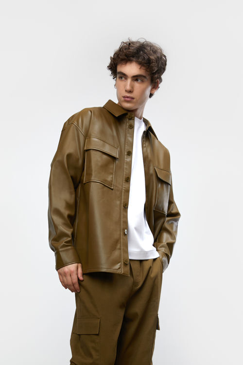 Vegan Leather Shirt Jacket   OAK + FORT