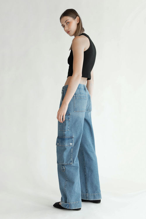Wide Leg Cargo Pants Women Jeans Vintage Street Distressed Wash