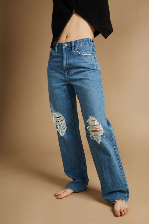 Denim Blue Mid Rise Ripped Jeans, Distressed Jeans