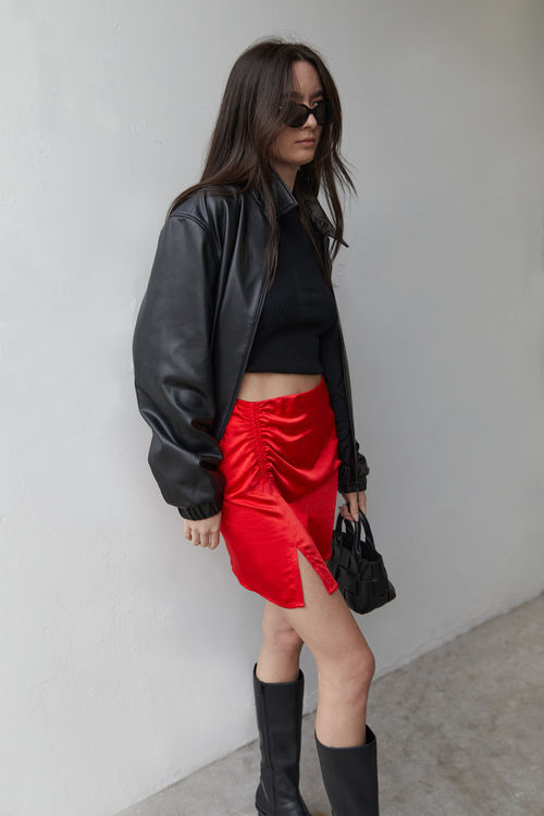 Deep Red Ponte Curved Hem Mini Skirt