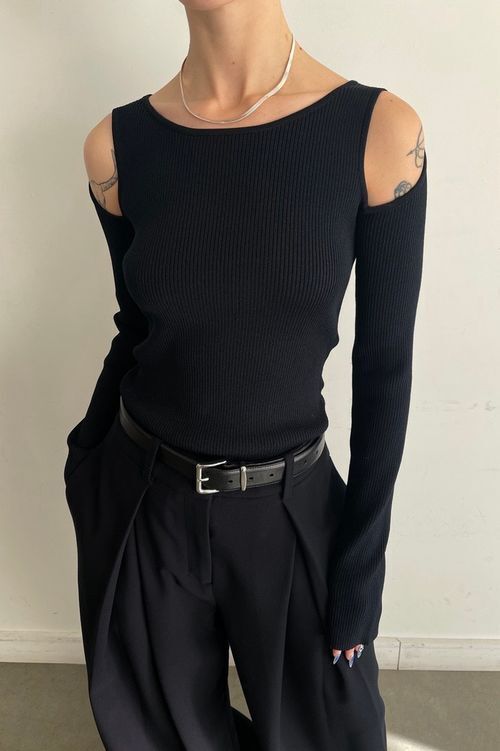 Ribbed Shoulder Cutout Sweater OAK FORT